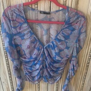 Zara Blue Ruched Long Sleeve Blouse
